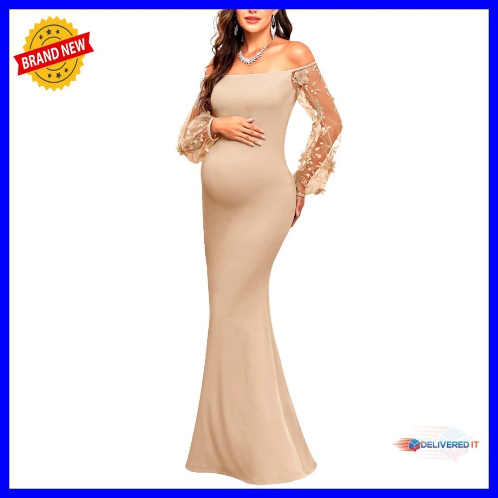 Maternity Evening Gown Off-Shoulder 3D Floral Mesh Sleeves Mermaid Maxi Dress